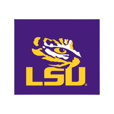 A purple and yellow logo for lsu with a tiger on it