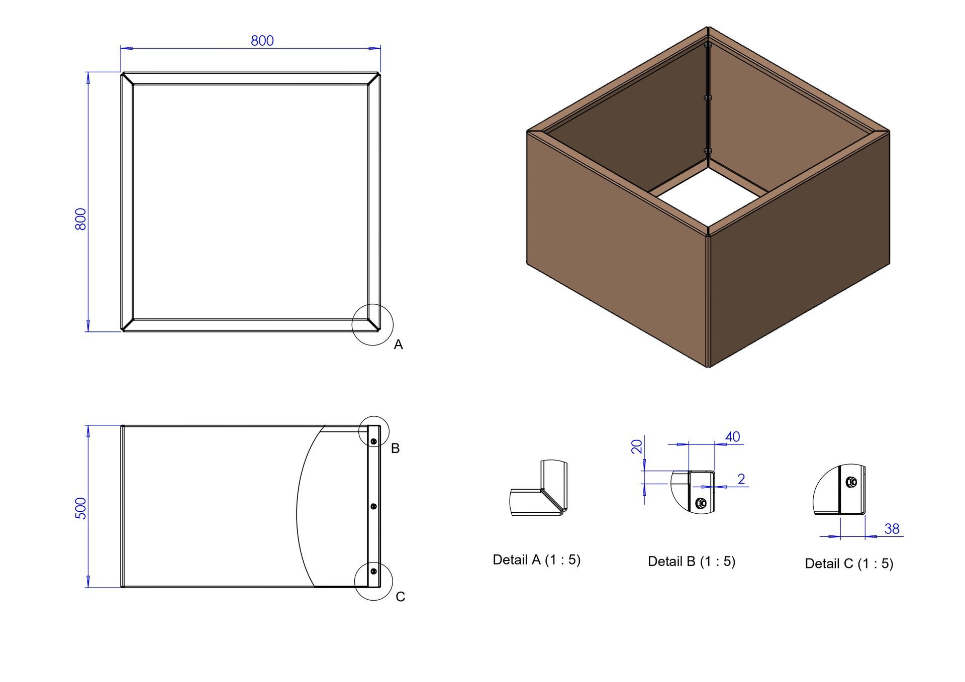 Technische tekening met afmetingen en dwarsdoorsneden van een vierkant constructieframe of doosvormige behuizing.