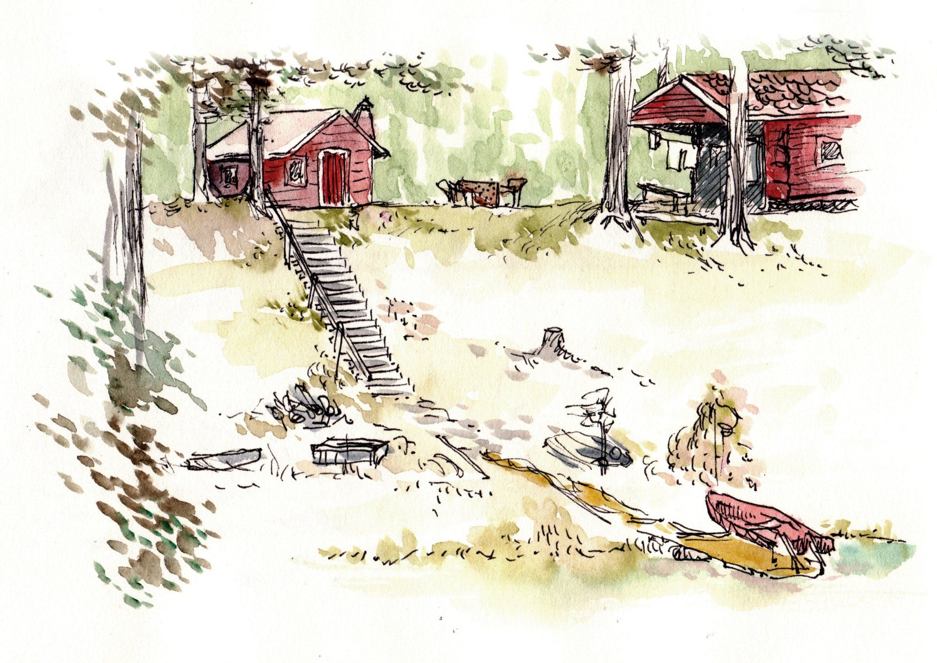 Mariella Fahr Illustration Schweden rote Häuser am Fluss