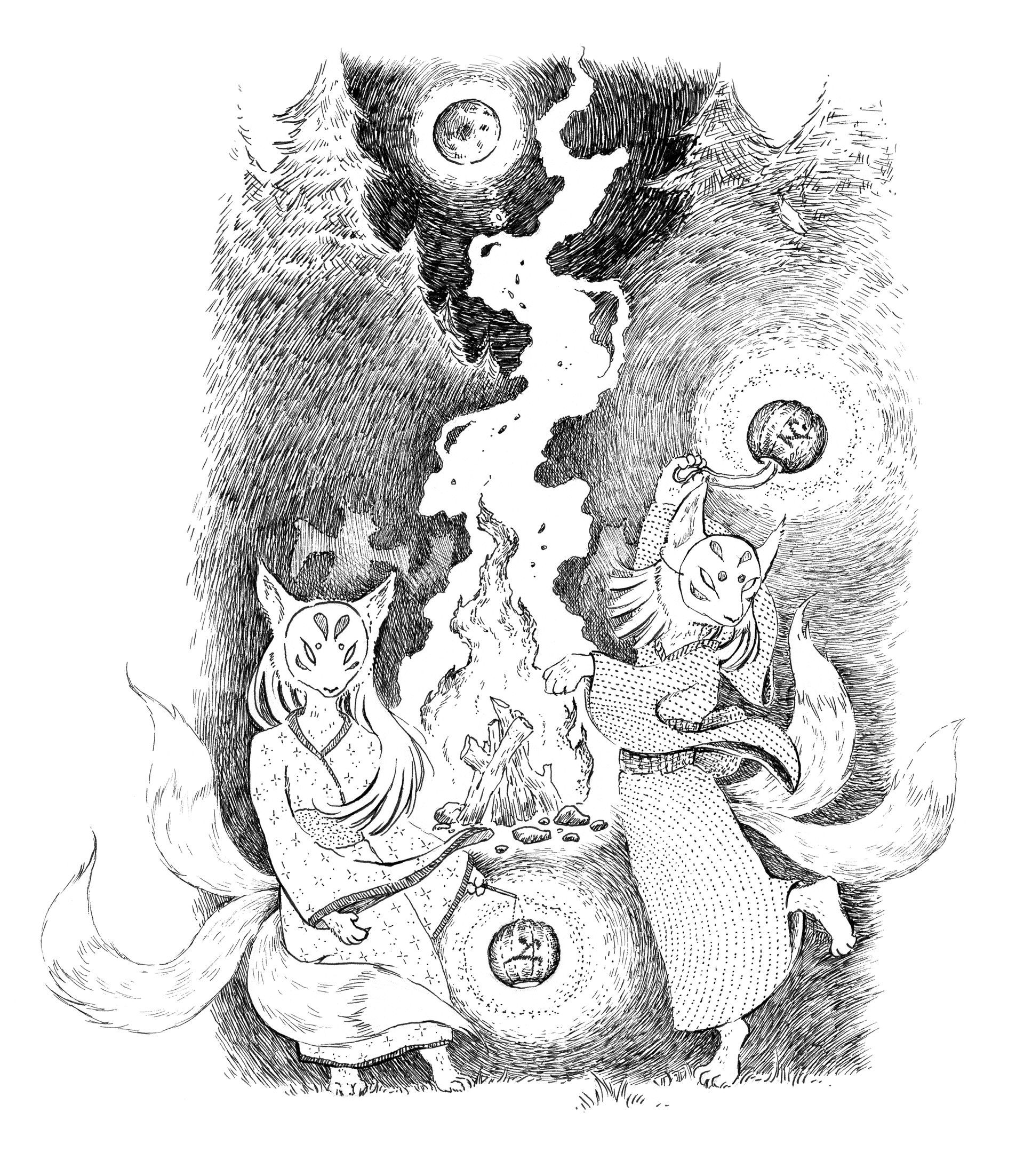 Mondtanz der Kizune • Kizune moon dance Mariella Fahr Illustration Kaikei auf dem Nachtmarkt der Tiere