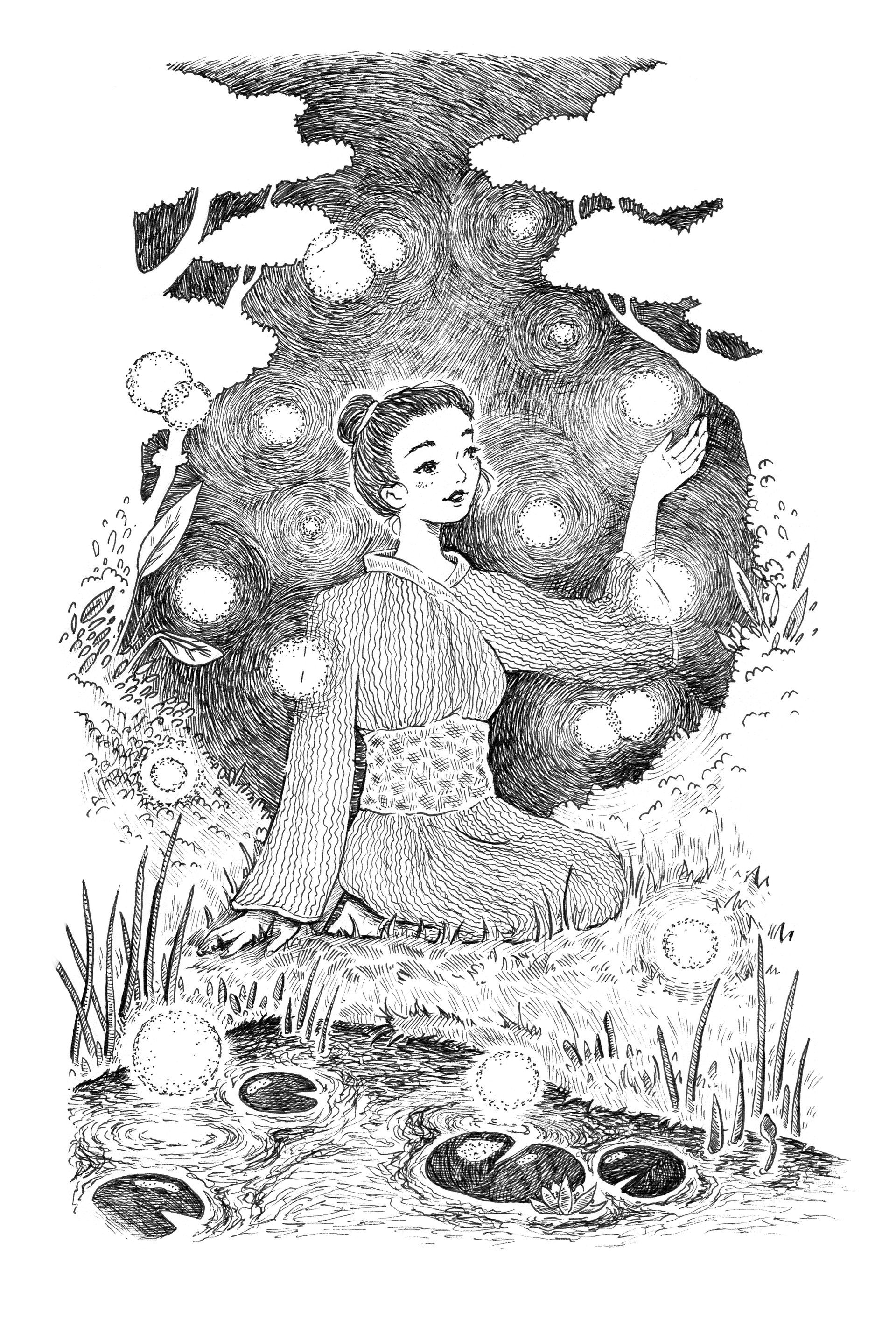 Masami am blauen Teich • Masami at the blue pond Mariella Fahr Illustration Nachtmarkt der Tiere