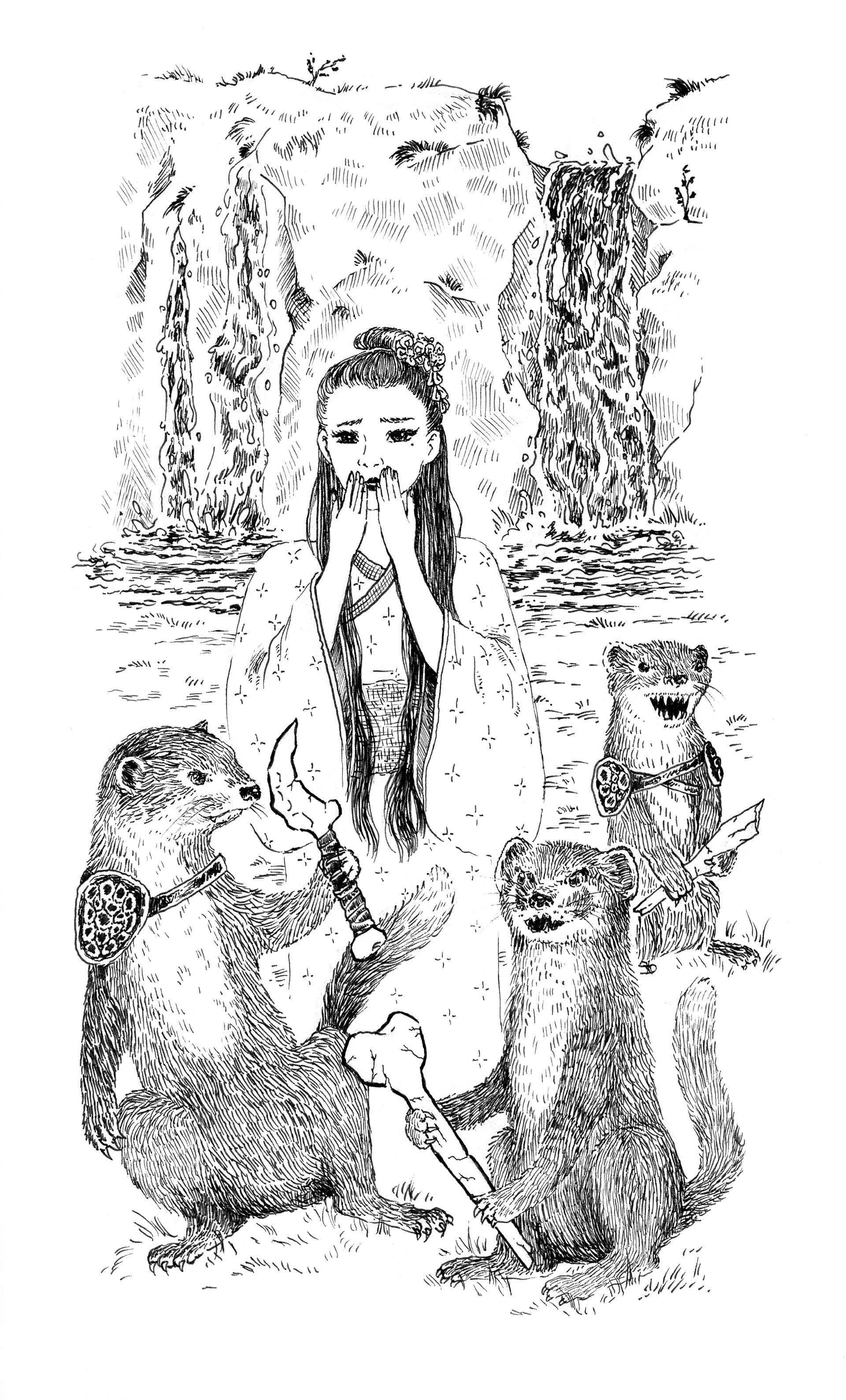 Prinzessin an den Schattentorfällen, umringt von der Marderbande • princess surrounded by angry marten Mariella Fahr Illustration Nachtmarkt der Tiere