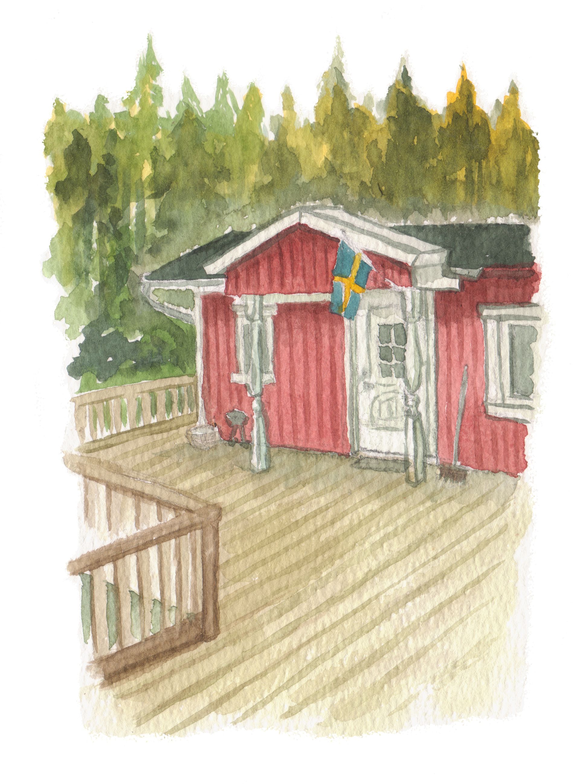 Mariella Fahr Illustration Schweden 2024 rotes Schweden Holz Haus
