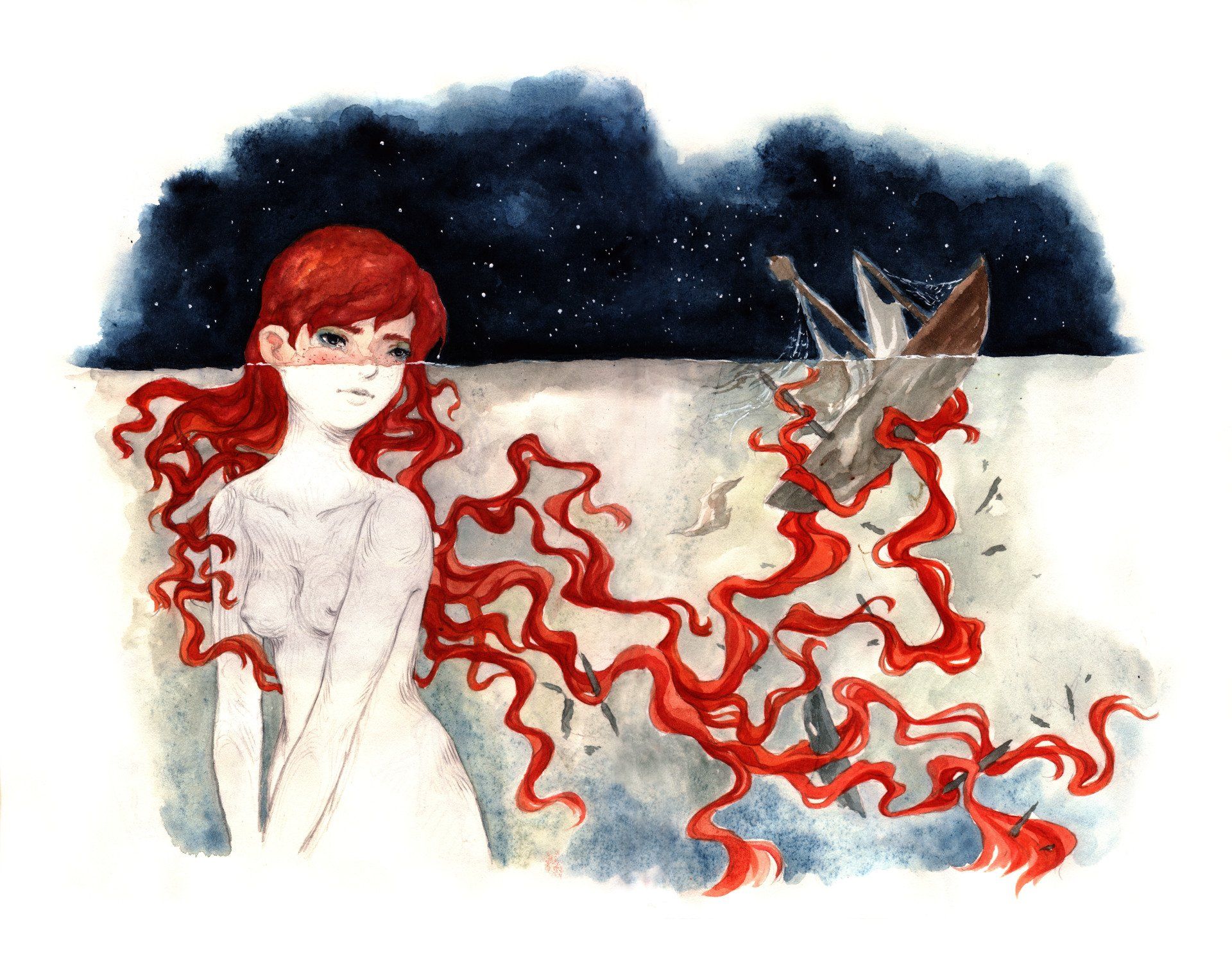 Mariella Fahr Illustration Meerjungfrau Schiff und Meer