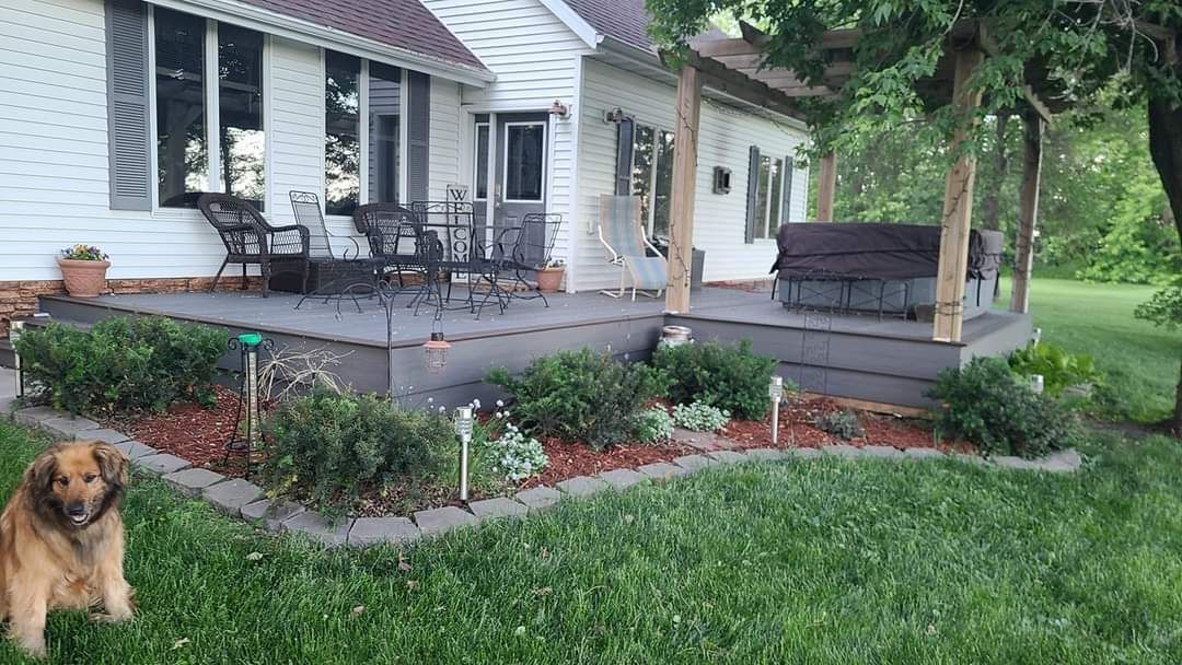 A dog is standing in front of a house with a deck.
