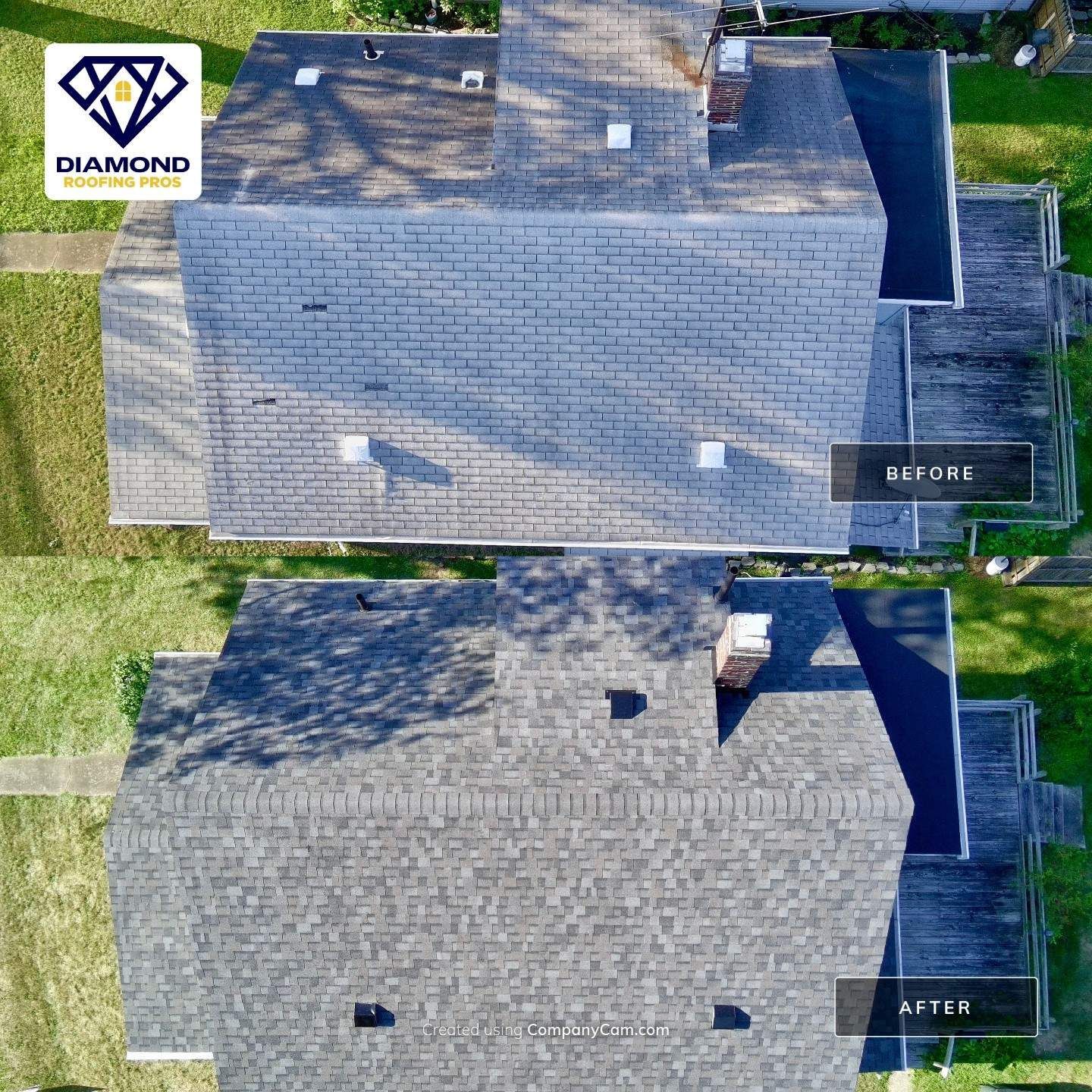 Aerial view of a gray shingled roof in Beachwood with vents and an attached porch.