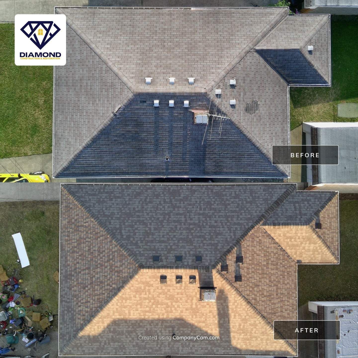 Aerial view of a roof before and after replacement in Macedonia, showing dark stained shingles and a new roof below.