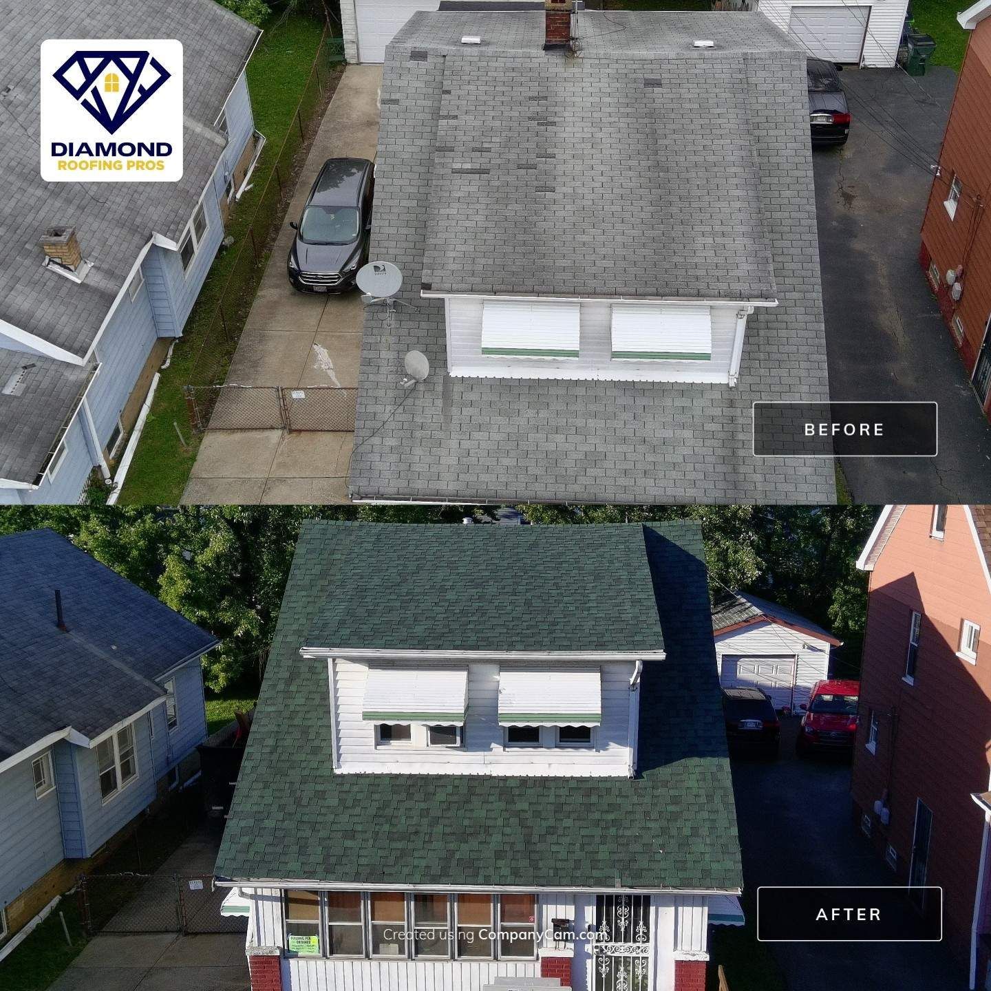 A before and after comparison of a house roof, showing a gray worn roof replaced with a new, dark green shingle roof.