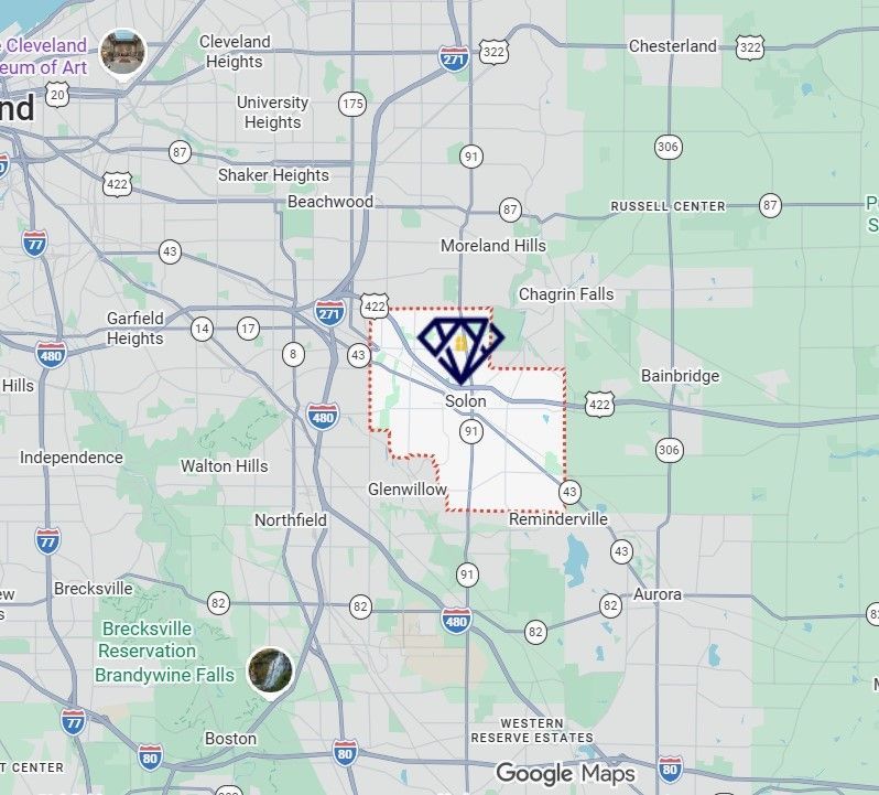 Map of Solon, OH screenshot with a blue diamond marker near downtown and highways, showing nearby towns and roads.