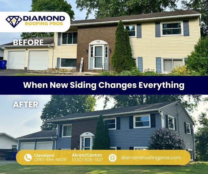 Before-and-after house exterior showing new dark blue siding on a beige home in Barberton Ohio