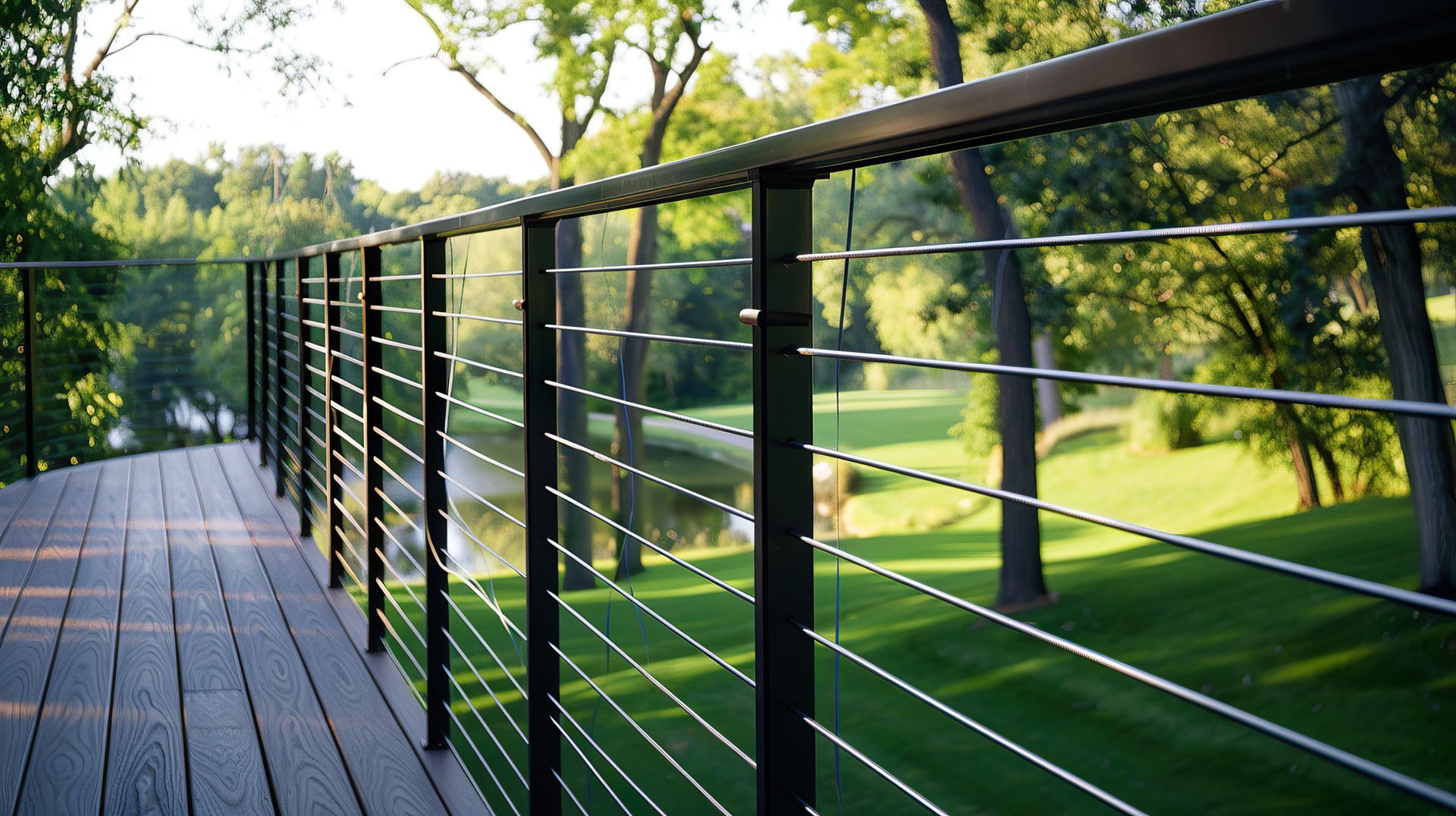 Passerelle en bois avec rambarde en métal noir donnant sur un parc verdoyant et des arbres