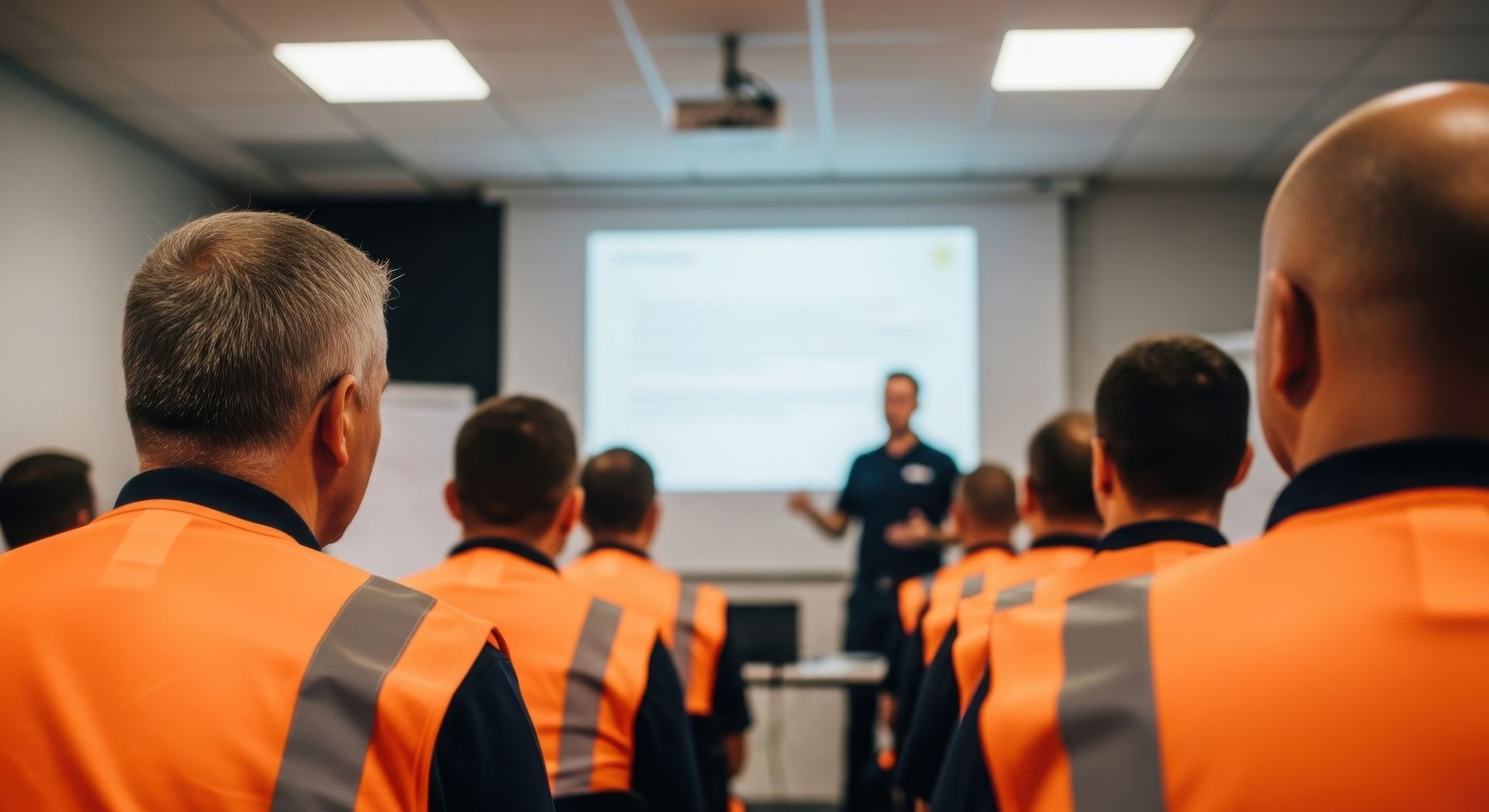 Des travailleurs portant des gilets de sécurité orange assistent à une présentation de formation dans une salle de conférence