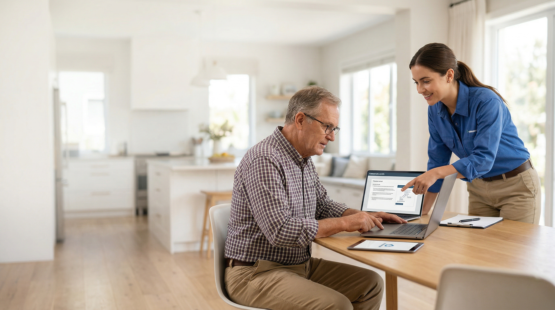 Deux personnes travaillent ensemble sur un ordinateur portable dans une cuisine-salle à manger lumineuse.
