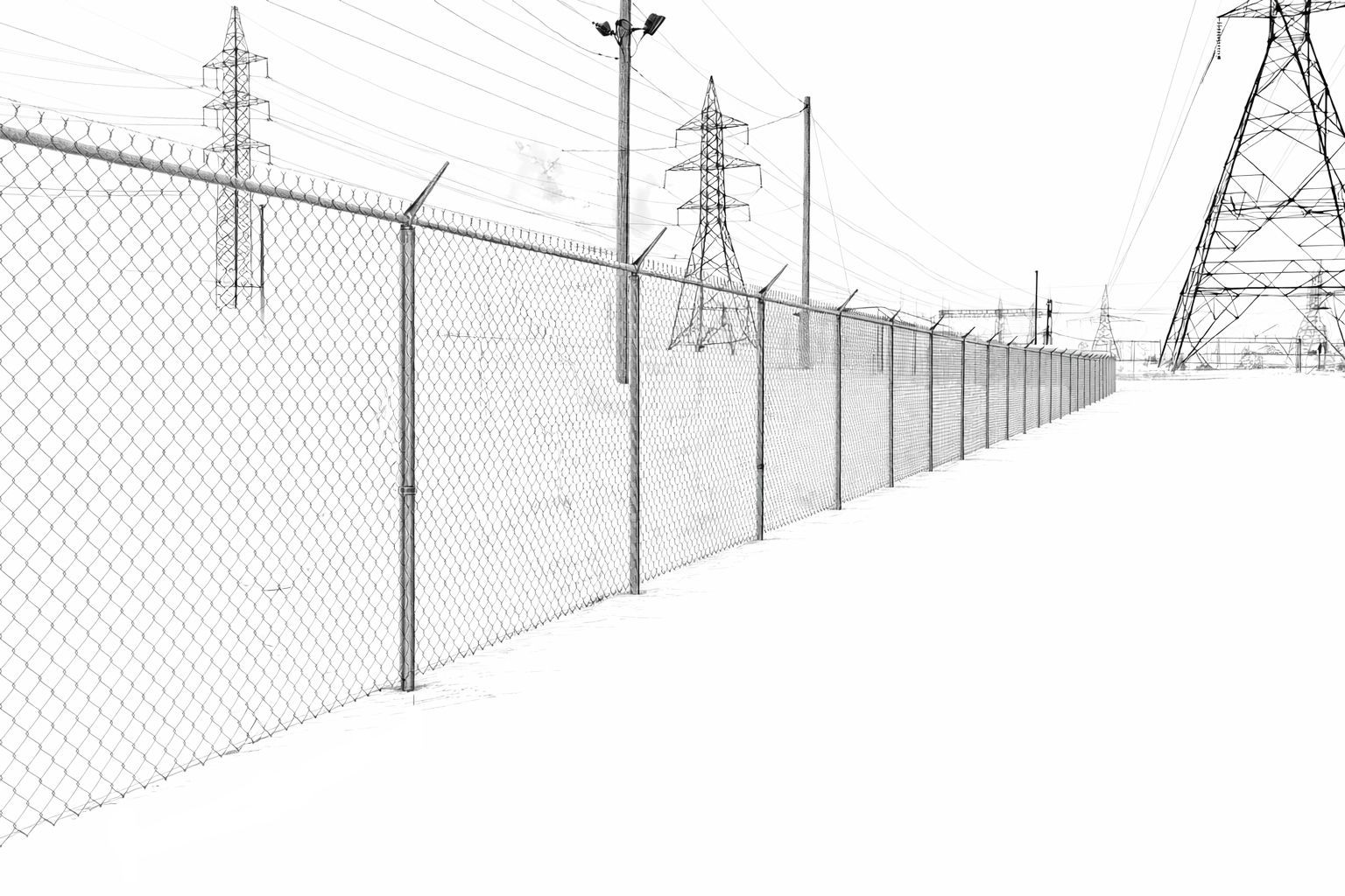 Clôture en grillage à côté de lignes électriques enneigées sous un ciel pâle
