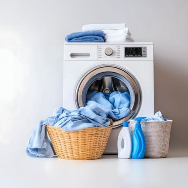 A washing machine with a basket of clothes in front of it.