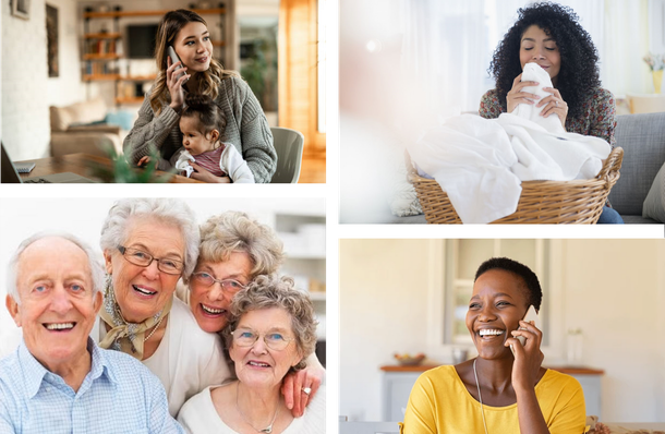 A collage of people talking on cell phones.