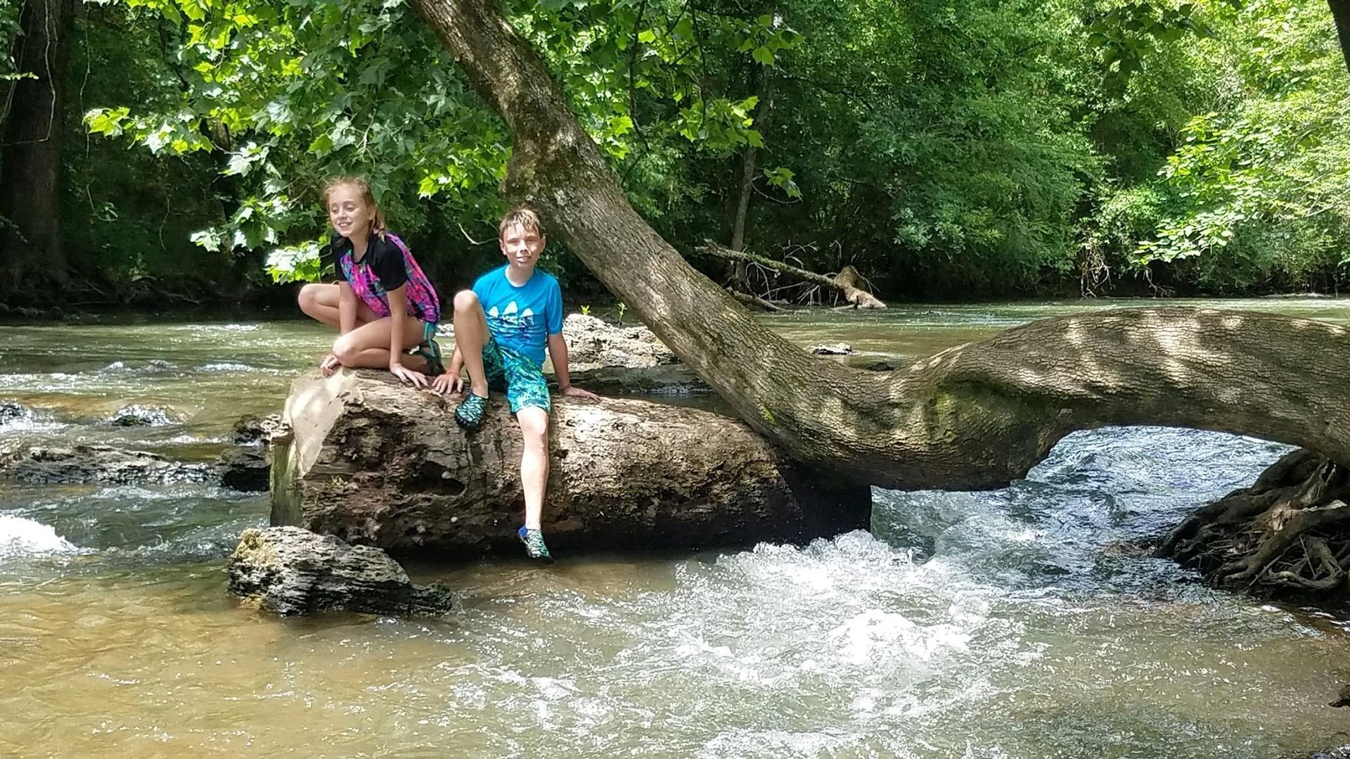 two young kids are sitting on a log in a river .