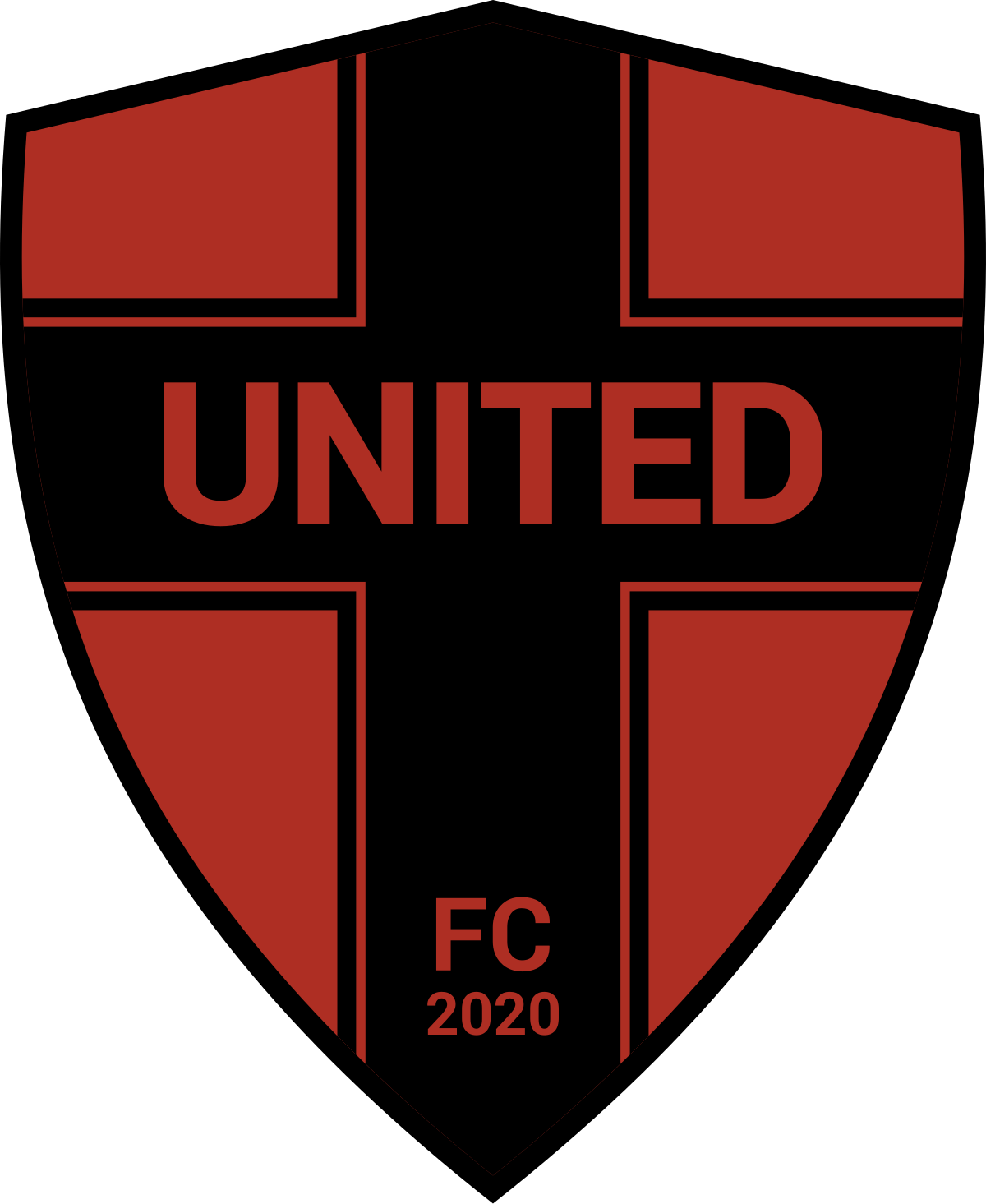 Sk&ouml;ldformad logotyp med "UNITED" i r&ouml;tt och svart korsdesign, "FC 2020" i h&ouml;rn, r&ouml;dbruna och svarta f&auml;rger.