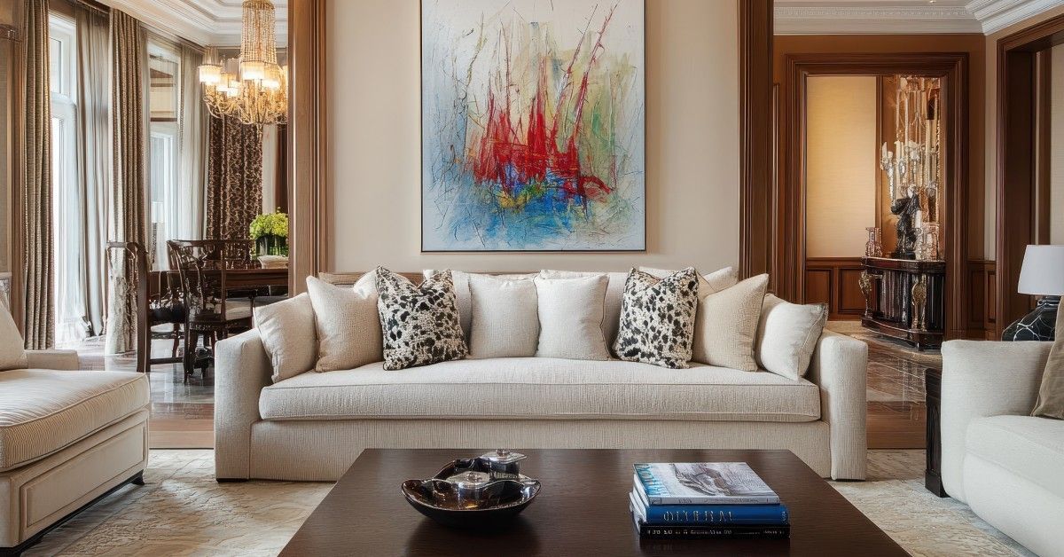 A luxurious with an ivory sofa decorated with white and beige pillows.