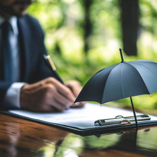 Hand writing in a notebook beside a small black umbrella on a desk outdoors