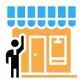 A man is standing in front of a store with his hand up.