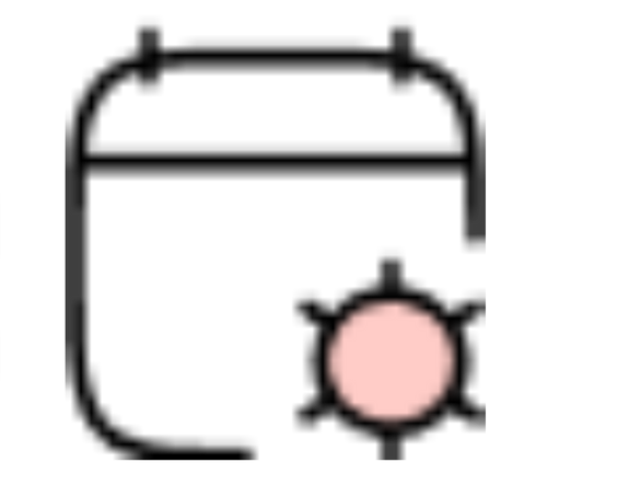 A calendar icon with a pink circle in the middle on a white background.