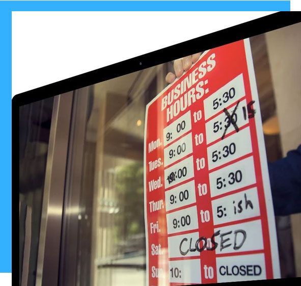 A sign that says business hours on it