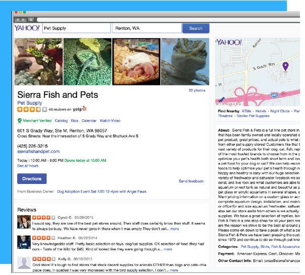 A computer screen shows a website for sierra fish and pets