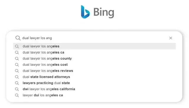 A bing search bar shows a list of lawyers in los angeles
