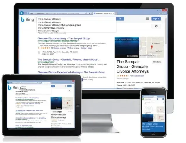 A computer monitor a tablet and a cell phone all open to bing