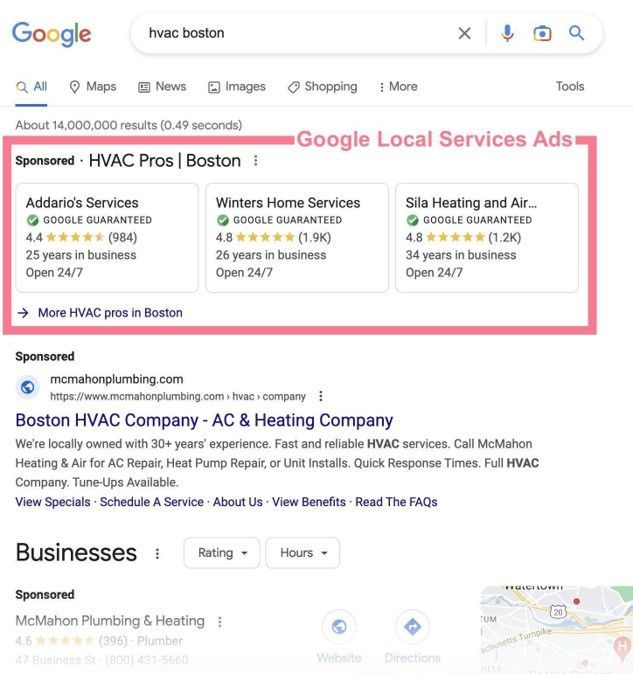 A google ad for boston hvac company ac and heating company