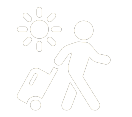 A man is pulling a suitcase with a sun in the background.