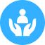 A pair of hands holding a person in a blue circle.