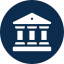 A white icon of a bank building in a blue circle.