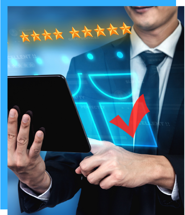 A man in a suit and tie is using a tablet