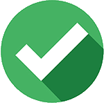 A white check mark in a green circle with a long shadow.