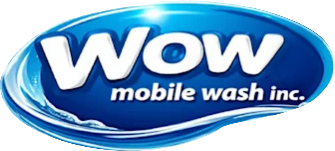 Logo of "WOW mobile wash inc." in white letters inside a blue, water-like shape.