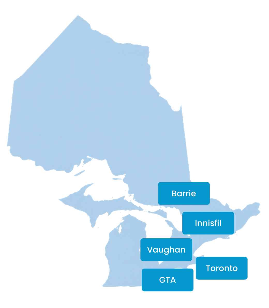 Map of Ontario, Canada, with labeled locations: Barrie, Innisfil, Vaughan, Toronto, and GTA.