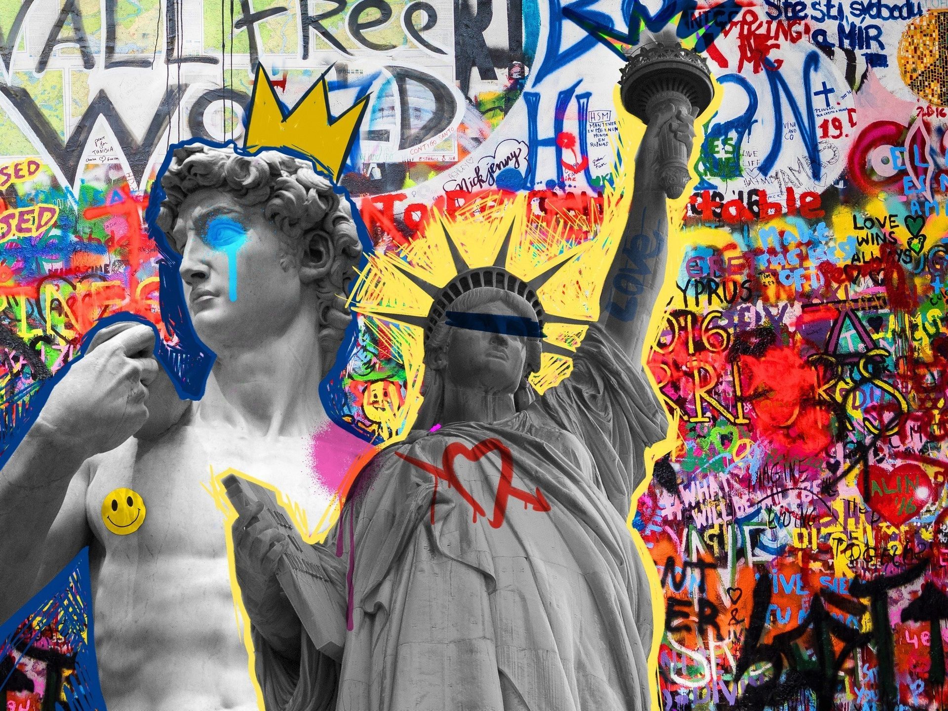 Graffiti art: David statue with crown & crying blue eye, Statue of Liberty, covered eyes; colorful backdrop.