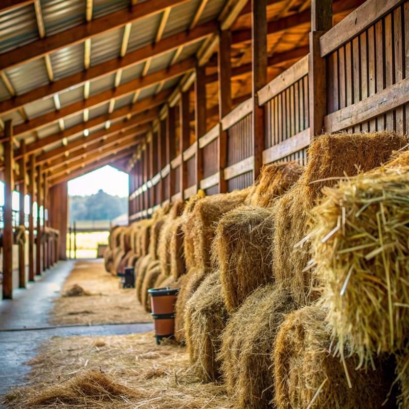 Hay bales stacked inside a barn, rows of wooden stalls, sunlight at the end.