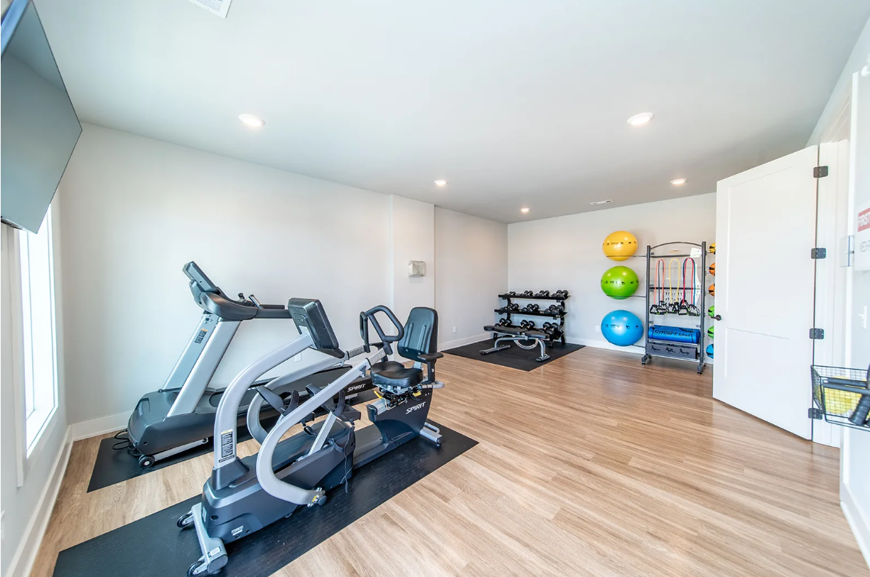 Home gym with treadmill, exercise bike, weights, and stability balls.