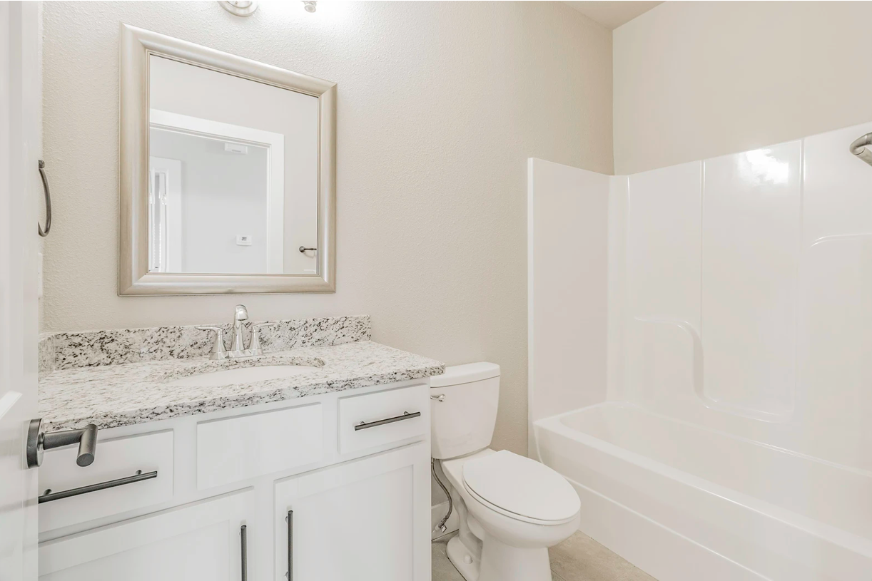 Bathroom with white vanity, toilet, tub/shower, and a silver-framed mirror.