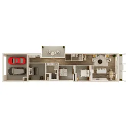 Floor plan of a modern home with a garage, balcony, bedrooms, and open kitchen and living area.