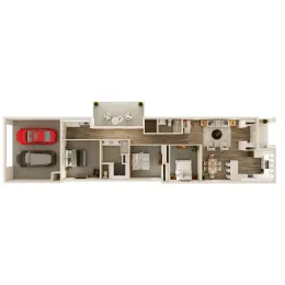 Floor plan: one-story home with a garage, bedrooms, living area, and a patio.