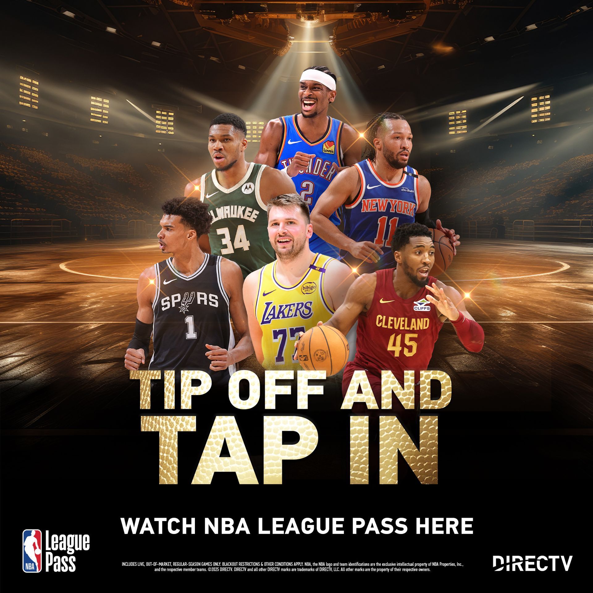 NBA League Pass ad: Basketball players in jerseys, text "Tip Off and Tap In." Watch NBA games on DIRECTV.