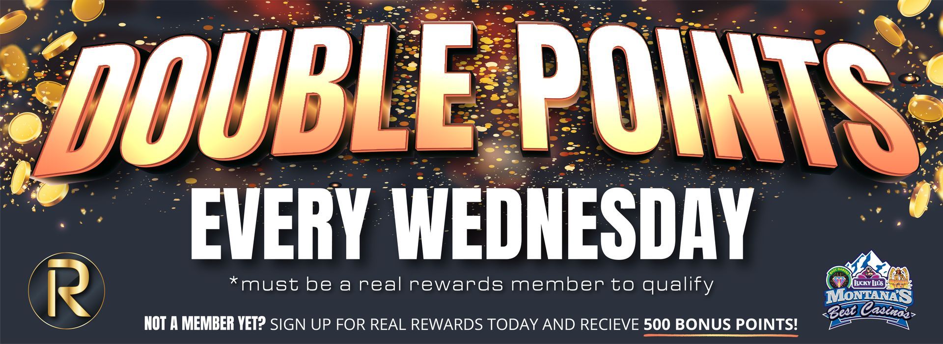 Double Points Every Wednesday promo with bold white text on a gold, purple, and navy background
