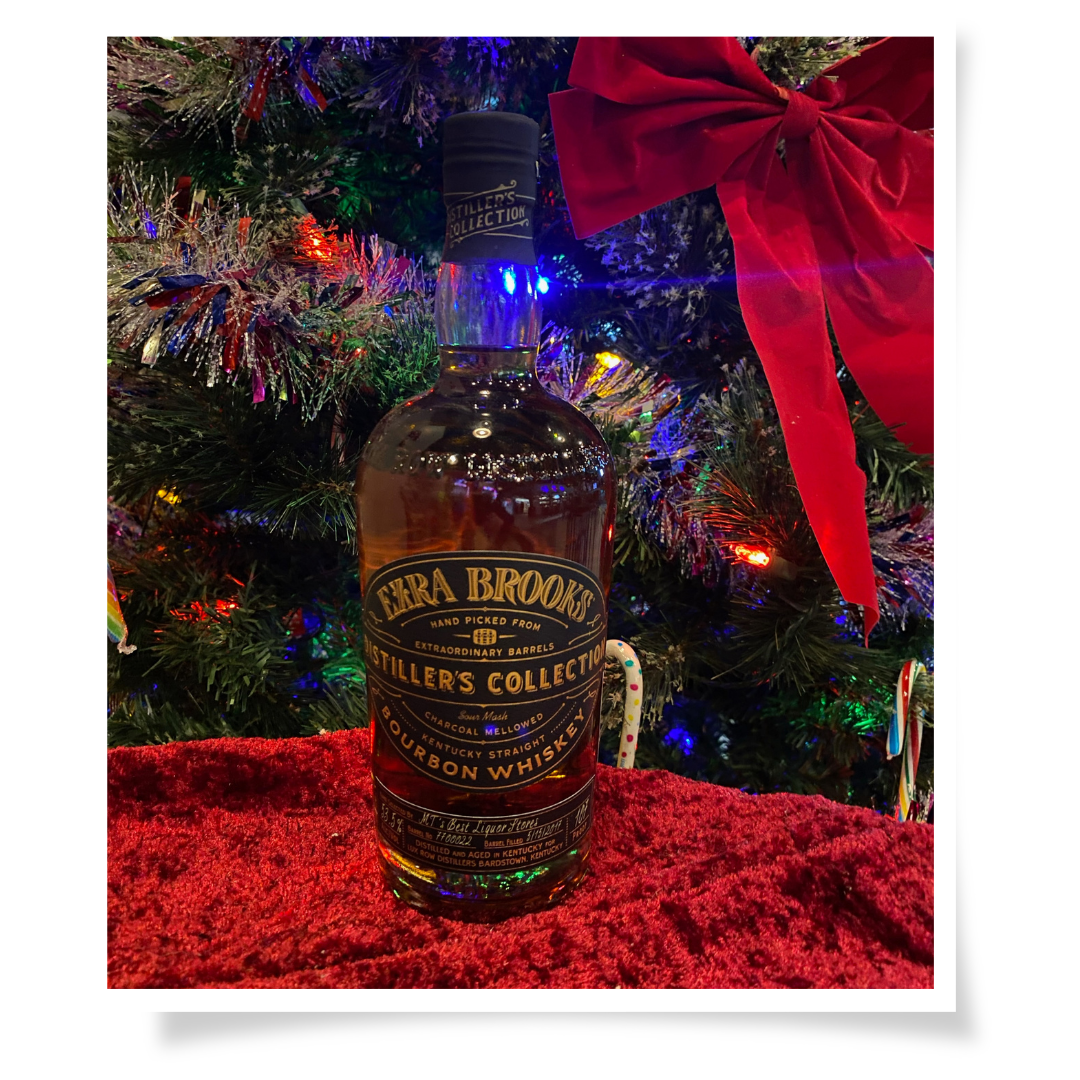 Ezra Brooks Single Barrel Bottle in front of a Christmas tree