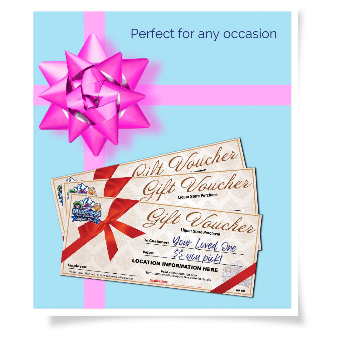 Montana's Best Liquor Stores Gift Vouchers in a stack with a bow