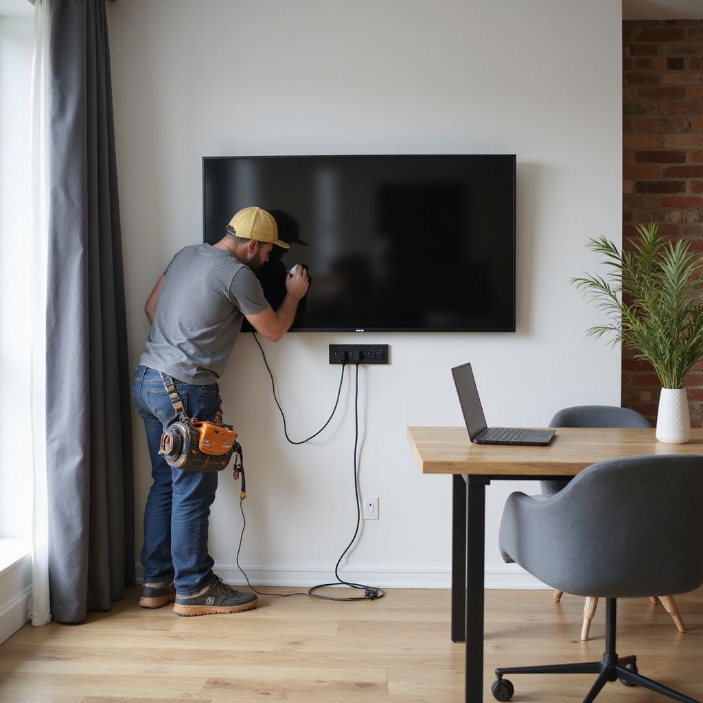 A person installs a TV on a wall.