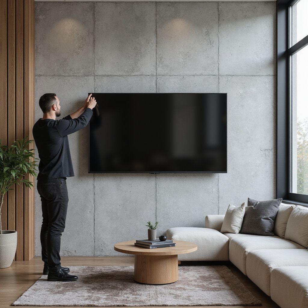 Man mounting a large TV on a concrete wall in a living room. 